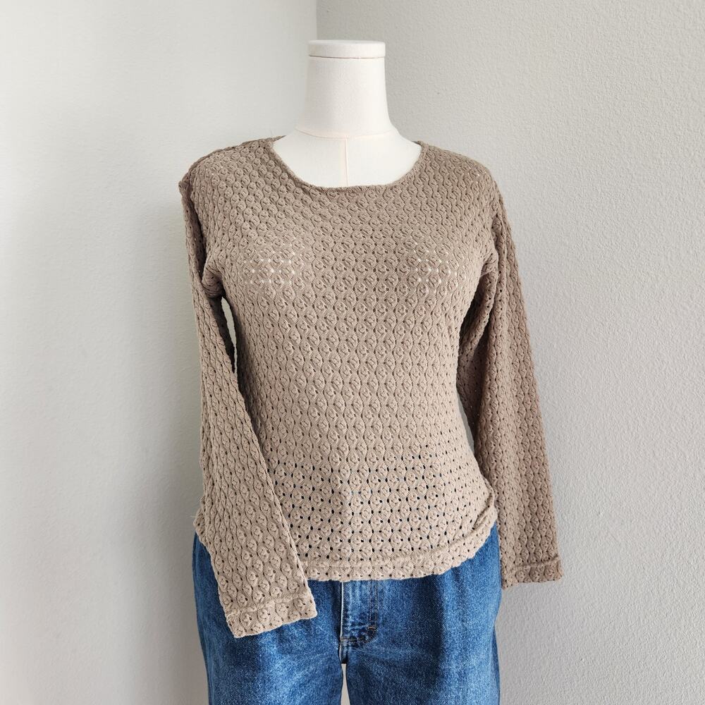 Vintage 90s Taupe Brown Open Knit Long Sleeve Pullover Sweater Top Neutral L - Picture 2 of 9